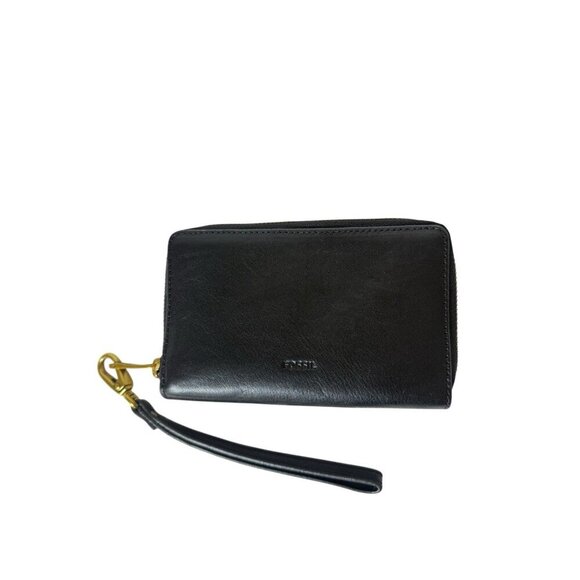 Fossil Women’s Emma Black RFID Large Zip Around Wristlet Leather Clutch - Picture 1 of 10
